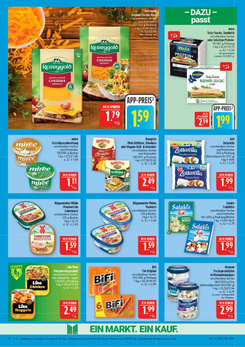 Aktueller Prospekt Marktkauf - Prospekt - von 07.09 bis 13.09.2025 - strona 22 - produkty: aktionspreis, Becher, cheddar, cracker, deka, eis, fisch, Fischspezialitäten, frischkäse, frischkäsezubereitung, gin, grill, Grillkäse, homann, Käse, leberwurst, marinade, miree, nuss, Ofen, Ofenkäse, Pommersche, reis, rel, rouge, rougette, rügenwalder, rügenwalder mühle, salakis, schafkäse, snack, snacks, Spezi, tee, teewurst, Ti, wasa, wurst, Yo, zott, zottarella, ZTE