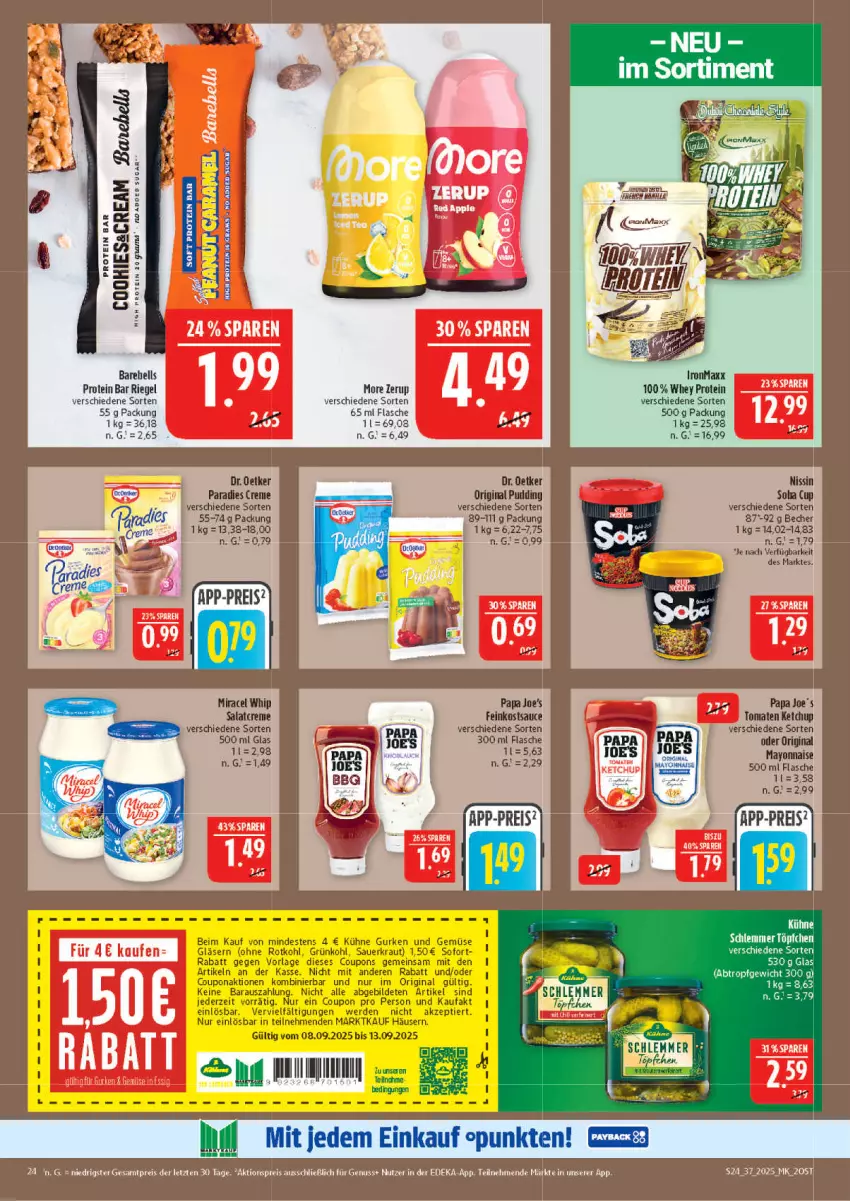 Aktueller Prospekt Marktkauf - Prospekt - von 07.09 bis 13.09.2025 - strona 24 - produkty: aktionspreis, auer, Becher, coupon, coupons, creme, deka, Dr. Oetker, eis, erde, feinkost, flasche, gin, Gläser, gurke, gurken, ketchup, Kraut, Kühne, mayonnaise, Nissin, nuss, Paradies Creme, pudding, rebell, reis, riegel, rotkohl, salat, salatcreme, sauce, Sauerkraut, Ti, tomate, tomaten, tomaten ketchup, Töpfchen, und gemüse, Yo, ZTE