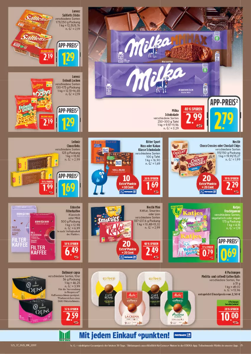 Aktueller Prospekt Marktkauf - Prospekt - von 07.09 bis 13.09.2025 - strona 25 - produkty: aktionspreis, ball, Cap, chips, choclait chips, choco crossies, crossies, dallmayr, dallmayr capsa, deka, eis, espresso, filterkaffee, frucht, fruchtgummi, kaffee, kaffeemaschine, kakao, katjes, keks, kitkat, LG, lion, lorenz, melitta, nespresso, nuss, reis, ritter, ritter sport, rwe, saltletts, schoko, schokolade, smarties, Sport, Ti, Vegeta, ZTE