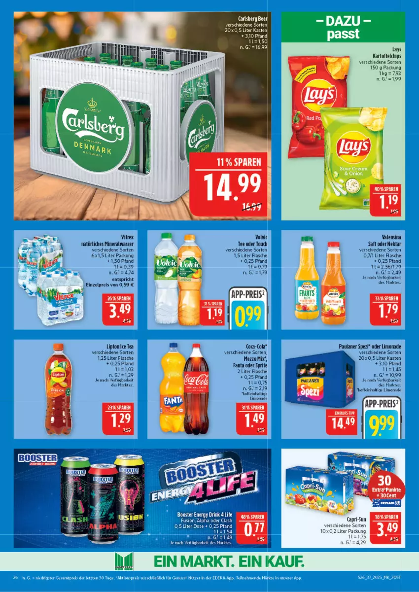 Aktueller Prospekt Marktkauf - Prospekt - von 07.09 bis 13.09.2025 - strona 26 - produkty: Alwa, Cap, capri-sun, chips, cola, eis, fanta, fanta oder, fanta oder sprite, flasche, ice tea, kartoffel, kartoffelchips, lays, limo, limonade, lipton, lipton ice tea, Mezzo Mix, mineralwasser, natürliches mineralwasser, oder sprite, Paula, paulaner, reis, saft, Spezi, sprite, tee, Ti, vitrex, volvic, wasser