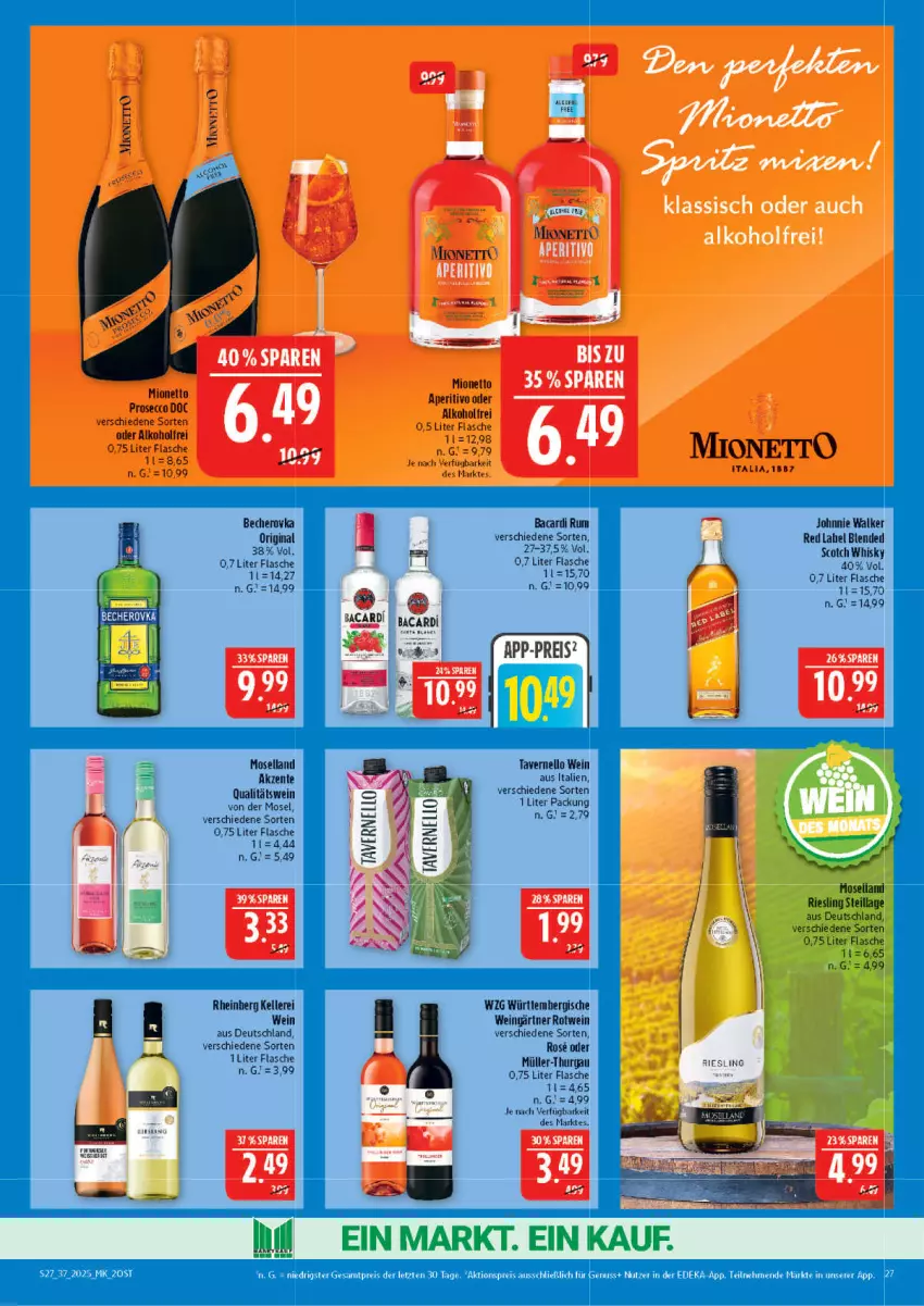 Aktueller Prospekt Marktkauf - Prospekt - von 07.09 bis 13.09.2025 - strona 27 - produkty: aktionspreis, bacardi, bacardi rum, blended scotch, blended scotch whisky, deka, eis, flasche, gin, johnnie walker, moselland, Müller, Müller-Thurgau, nuss, reis, riesling, rotwein, rum, scotch, scotch whisky, Ti, vernel, wein, whisky, ZTE