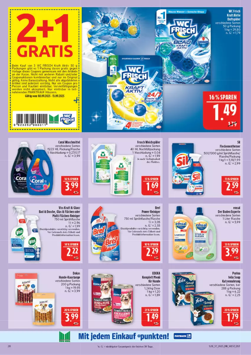 Aktueller Prospekt Marktkauf - Prospekt - von 07.09 bis 13.09.2025 - strona 28 - produkty: aust, bio, biozidprodukte, Bref, bref power, Coral, deka, dusche, eis, emsa, felix, flasche, Frosch, katzennahrung, kraft, purina, Rauch, reiniger, reis, rwe, sprühflasche, Ti, waschmittel, wasser, weichspüler, ZTE