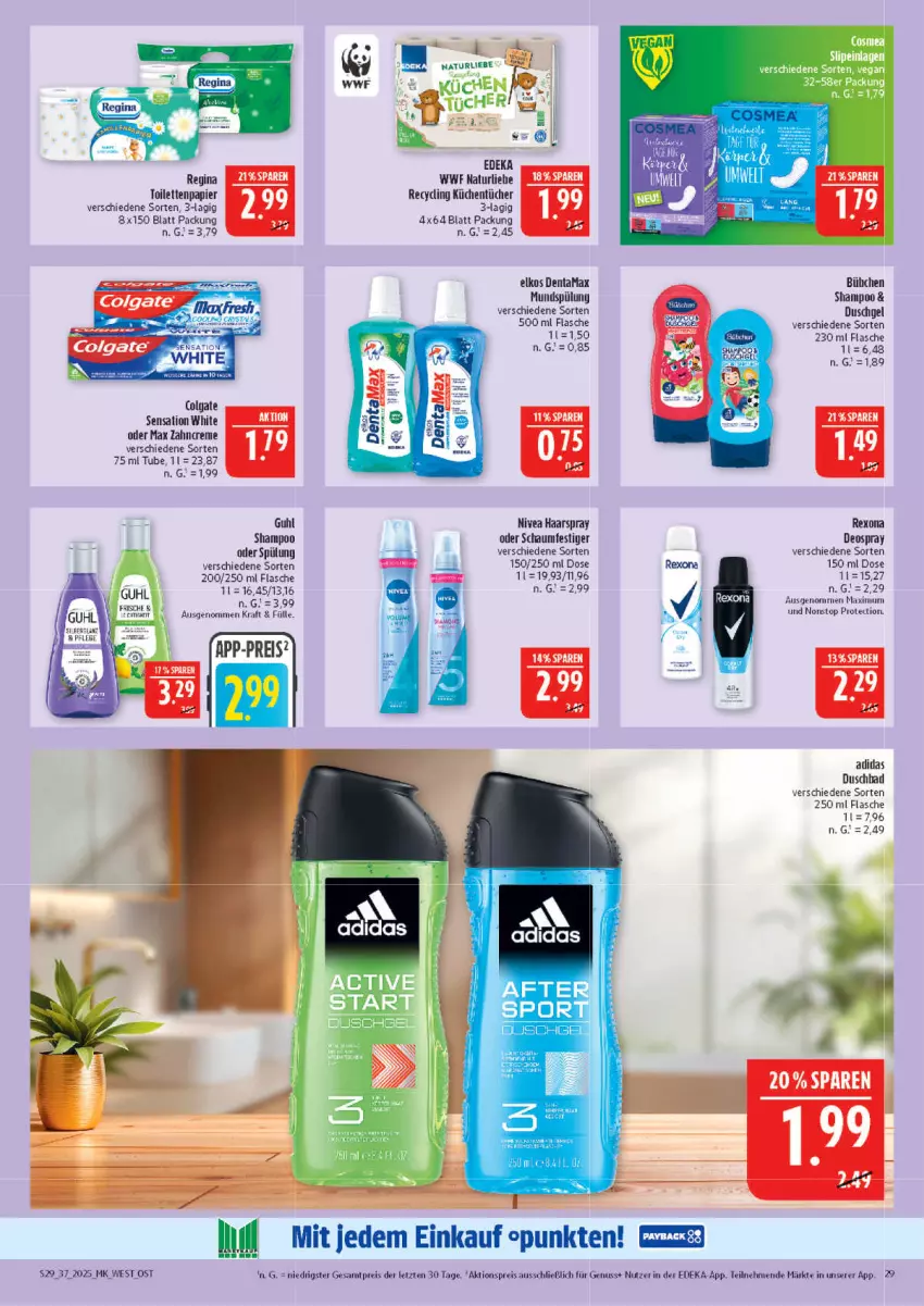 Aktueller Prospekt Marktkauf - Prospekt - von 07.09 bis 13.09.2025 - strona 29 - produkty: Adidas, aktionspreis, Bad, bübchen, Clin, colgate, creme, deka, deo, deospray, duschbad, duschgel, eis, elkos, flasche, Guhl, haarspray, kraft, küche, Küchen, küchentücher, LG, mundspülung, natur, nivea, nuss, oder schaumfestiger, papier, reis, rexona, schaumfestiger, shampoo, spülung, Ti, toilettenpapier, tücher, zahncreme, ZTE