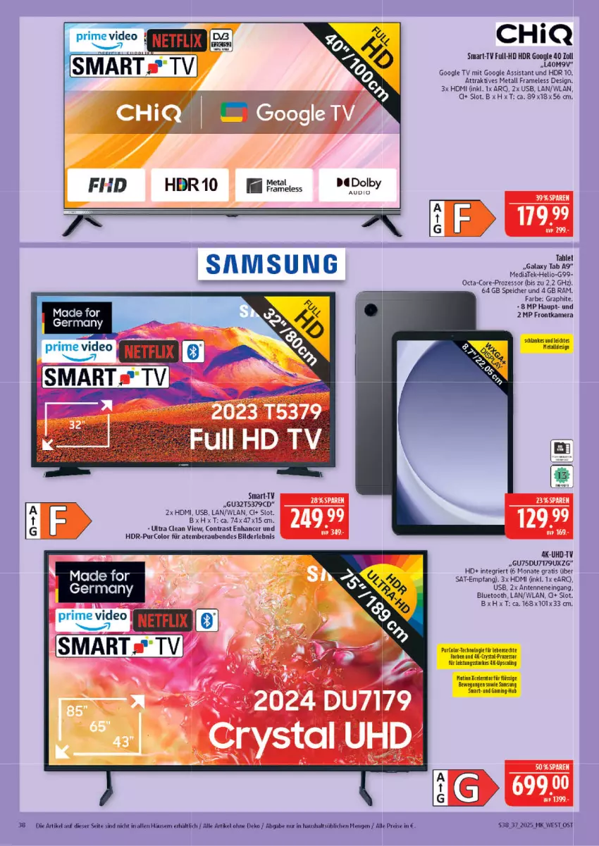 Aktueller Prospekt Marktkauf - Prospekt - von 07.09 bis 13.09.2025 - strona 38 - produkty: deo, eis, frontkamera, Germ, HDMI, kamera, reis, Samsung, tablet, Ti, uhd, UHD-TV, usb