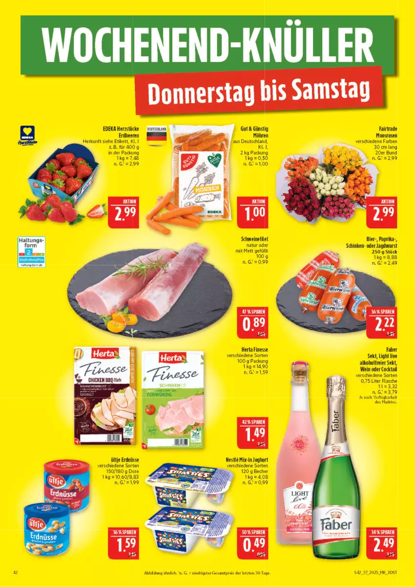 Aktueller Prospekt Marktkauf - Prospekt - von 07.09 bis 13.09.2025 - strona 42 - produkty: alkohol, Becher, beere, beeren, bier, cocktail, deka, eier, eis, erdbeere, erdbeeren, erdnüsse, filet, finesse, flasche, herta, herta finesse, jagdwurst, joghur, joghurt, Mett, möhren, natur, paprika, reis, rosen, schinken, schwein, schweine, schweinefilet, sekt, Ti, ültje, ültje erdnüsse, wein, weine, wurst, ZTE