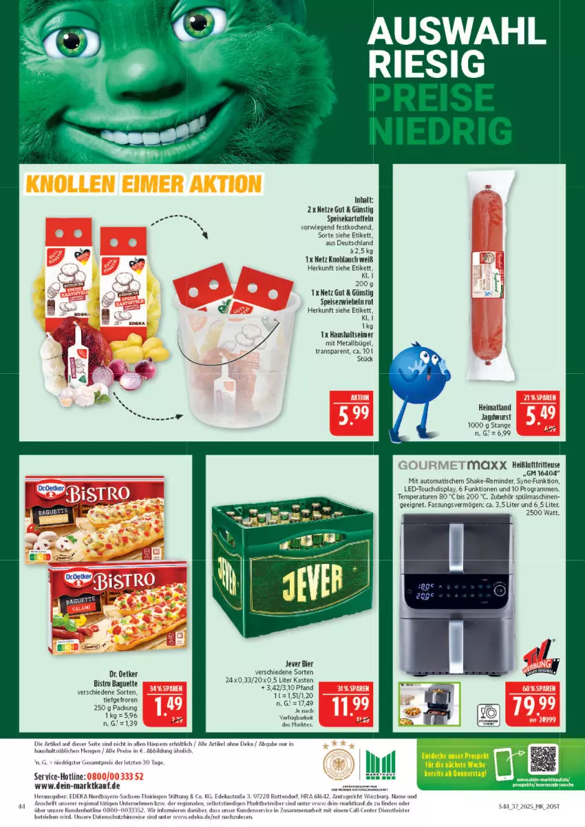 Aktueller Prospekt Marktkauf - Prospekt - von 07.09 bis 13.09.2025 - strona 44 - produkty: Astra, auto, baguette, bier, Bistro Baguette, bügel, deka, Dr. Oetker, droetker, eimer, eis, ente, fritteuse, Heißluftfritteuse, jagdwurst, jever, kartoffel, kartoffeln, knoblauch, reis, ring, sac, shake, speisekartoffeln, spülmaschinen, Ti, tisch, wurst, ZTE