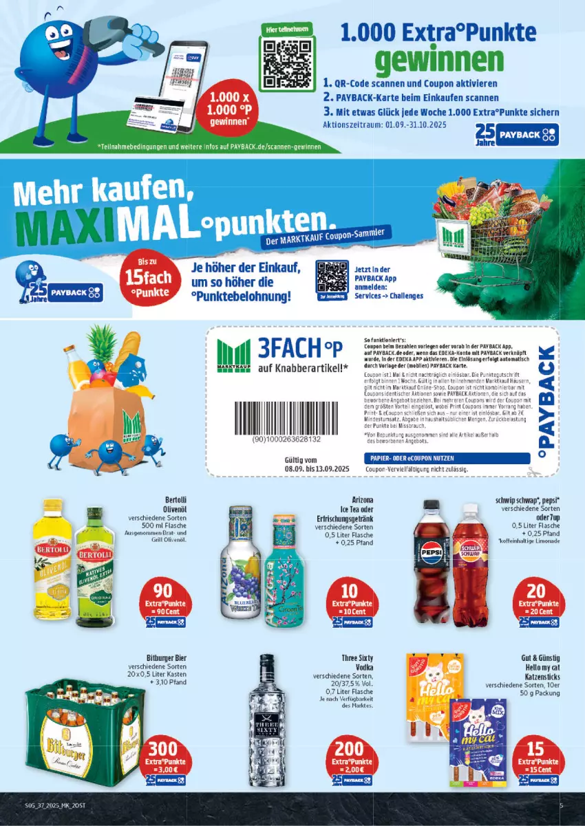 Aktueller Prospekt Marktkauf - Prospekt - von 07.09 bis 13.09.2025 - strona 5 - produkty: angebot, auto, bertolli, bier, bitburger, burger, coupon, coupons, deka, erfrischungsgetränk, flasche, getränk, grill, ice tea, LG, limo, limonade, olive, oliven, olivenöl, payback, pepsi, Schwip Schwap, Three Sixty, Ti, tisch, vodka