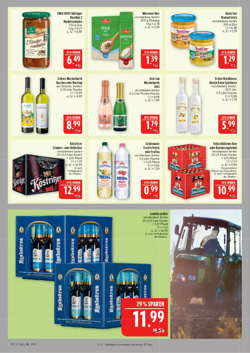 Aktueller Prospekt Marktkauf - Prospekt - von 07.09 bis 13.09.2025 - strona 7 - produkty: ACC, auer, aufstrich, Bau, bier, brot, brotaufstrich, eis, elle, flasche, getränk, köstritzer, lichtenauer, reis, riesling, rind, rinder, Rinderroulade, rinderrouladen, ring, rouladen, sac, sekt, Ti, ZTE