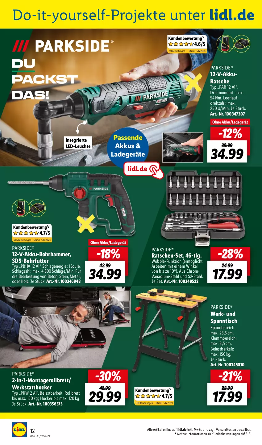 Aktueller Prospekt Lidl - Aktuelle Onlineshop-Highlights - von 01.01 bis 31.01.2024 - strona 14 - produkty: akku, Akku-Bohrhammer, Bohrhammer, hocker, Holz, ladegerät, LED-Leuchte, Leuchte, LG, ndk, Parkside, Ti, tisch, Yo