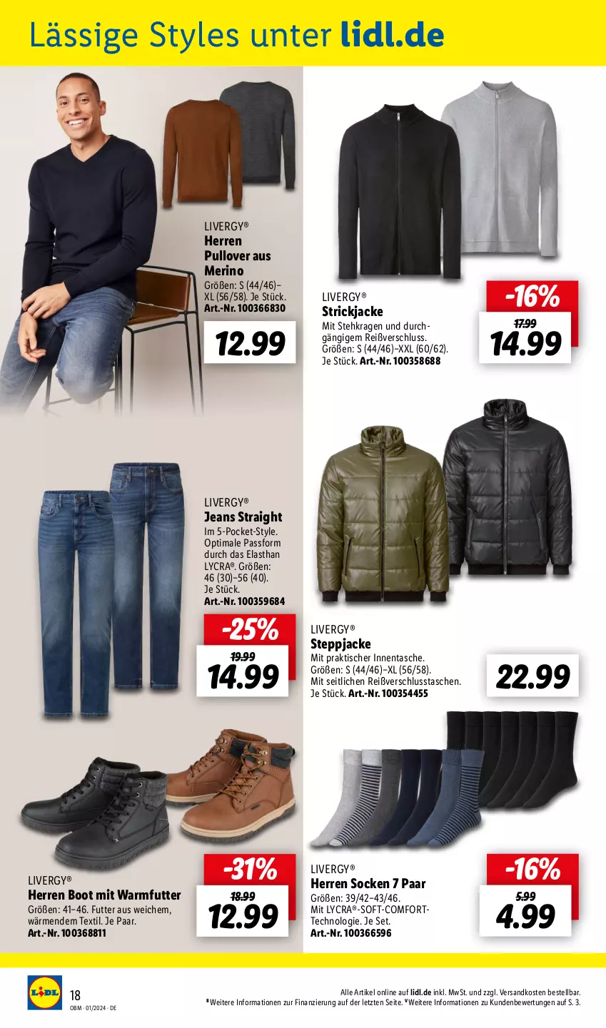 Aktueller Prospekt Lidl - Aktuelle Onlineshop-Highlights - von 01.01 bis 31.01.2024 - strona 20 - produkty: Jacke, jeans, livergy, ndk, Pullover, socken, Steppjacke, Strickjacke, Tasche, taschen, Ti, tisch, ZTE