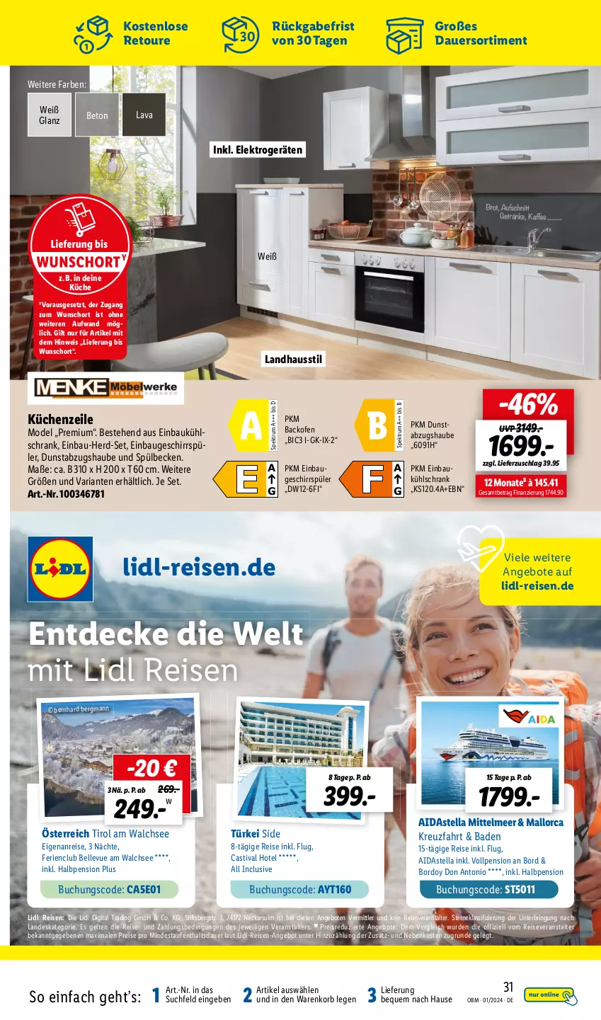 Aktueller Prospekt Lidl - Aktuelle Onlineshop-Highlights - von 01.01 bis 31.01.2024 - strona 33 - produkty: abzugshaube, angebot, angebote, asti, auer, backofen, Bad, Bau, buch, decke, dunstabzug, dunstabzugshaube, einbaukühlschrank, eis, Elektro, elektrogeräte, elle, geschirr, geschirrspüler, korb, küche, Küchen, Küchenzeile, kühlschrank, Mode, Ofen, reis, reiseveranstalter, Ria, ring, rum, Schrank, Spektrum, Ti