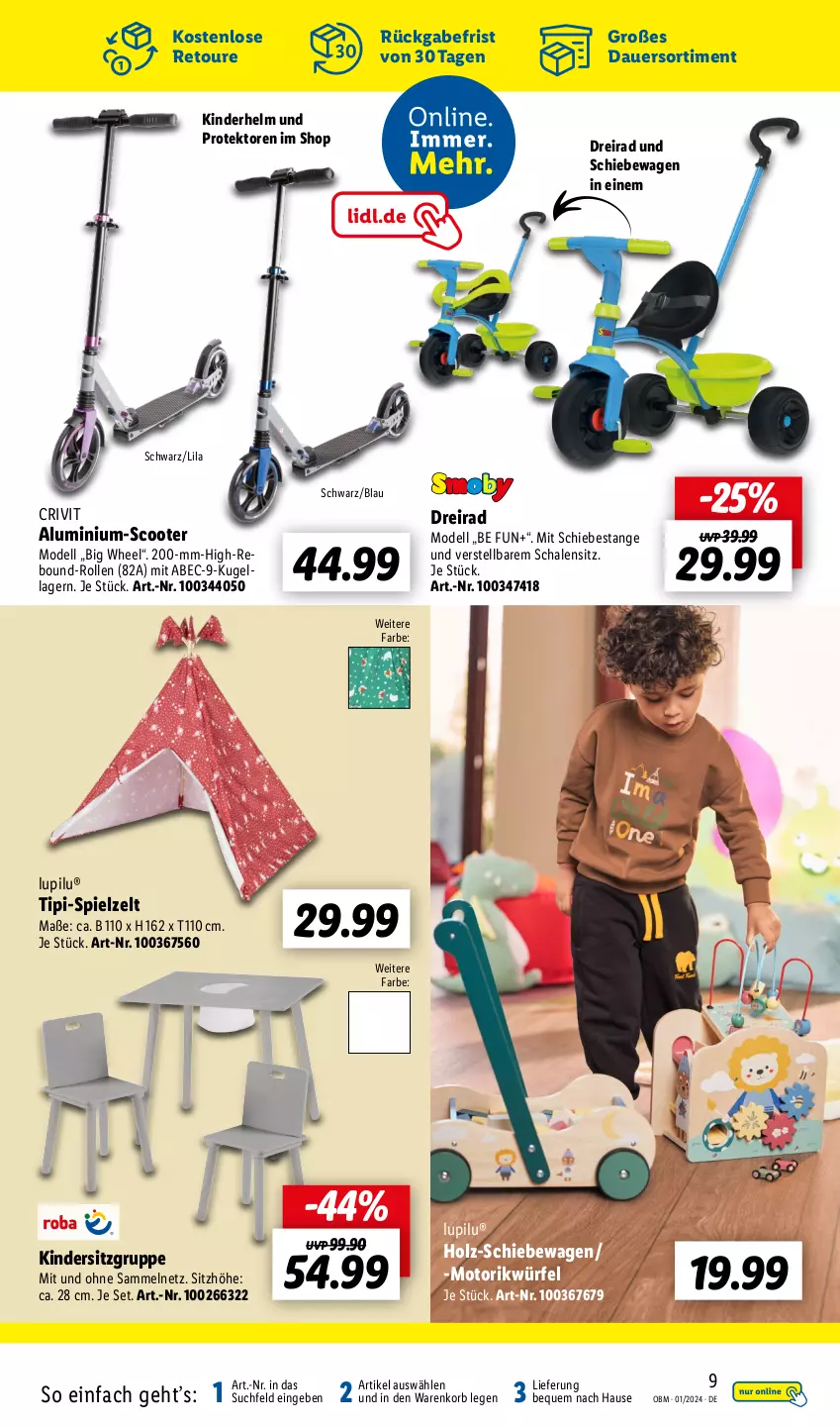 Aktueller Prospekt Lidl - Aktuelle Onlineshop-Highlights - von 01.01 bis 31.01.2024 - strona 9 - produkty: auer, crivit, dell, Dreirad, Holz, Kinder, Kindersitz, korb, Kugel, lupilu, Mode, Schal, Schale, scooter, Sitzhöhe, Ti, Tipi, würfel, Zelt