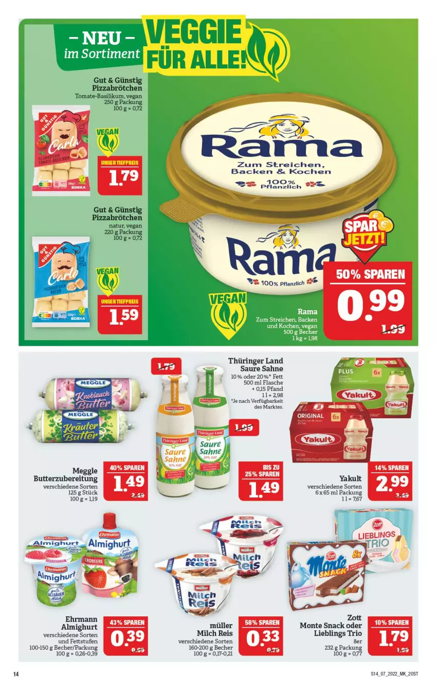 Aktueller Prospekt Marktkauf - Prospekt - von 13.02 bis 19.02.2022 - strona 14 - produkty: almighur, almighurt, basilikum, Becher, brötchen, butter, eis, flasche, milch, monte, Müller, pizza, reis, ring, sahne, snack, Ti, tiefpreis, tomate, tomate-basilikum