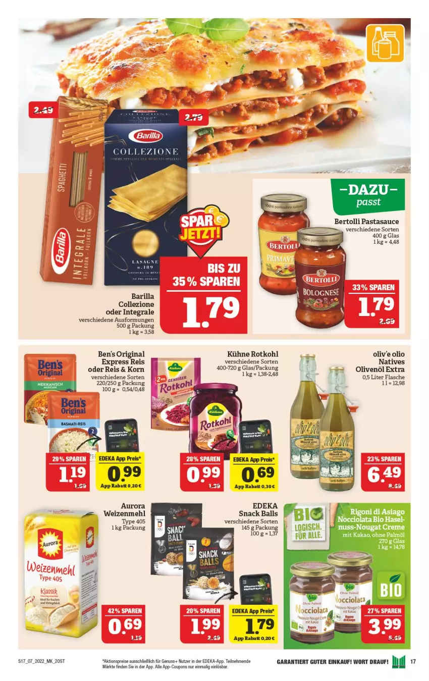 Aktueller Prospekt Marktkauf - Prospekt - von 13.02 bis 19.02.2022 - strona 17 - produkty: aktionspreis, ball, barilla, bertolli, bio, coupon, coupons, creme, deka, eis, flasche, gin, kakao, korn, kuchen, Kühne, mehl, nougat creme, nuss, ohne palmöl, olive, oliven, olivenöl, olivenöl extra, pasta, reis, rotkohl, sauce, snack, Ti, type 405, weizenmehl, Yo