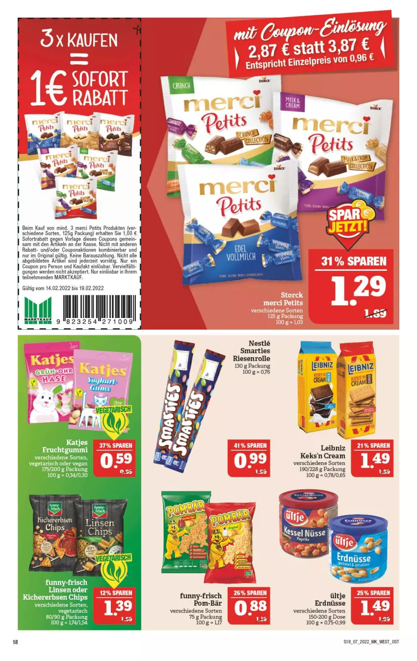 Aktueller Prospekt Marktkauf - Prospekt - von 13.02 bis 19.02.2022 - strona 18 - produkty: coupon, coupons, eier, erde, erdnüsse, funny-frisch, gin, keks, leibniz, linsen, merci, pom-bär, smarties, sofortrabatt, storck, Ti, ültje, Vegeta