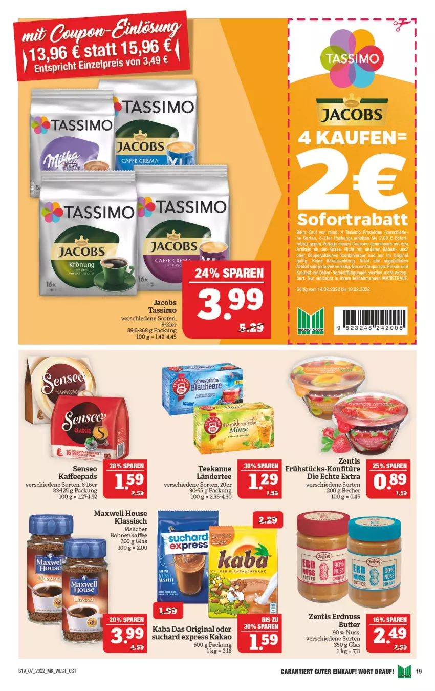 Aktueller Prospekt Marktkauf - Prospekt - von 13.02 bis 19.02.2022 - strona 19 - produkty: Becher, bohne, bohnen, bohnenkaffee, butter, coupon, elle, erdnuss, gin, jacobs, jacobs tassimo, kaffee, kaffeepads, kakao, konfitüre, Ländertee, löslicher bohnenkaffee, minze, nuss, sim, tassimo, tee, teekanne, Ti, zentis