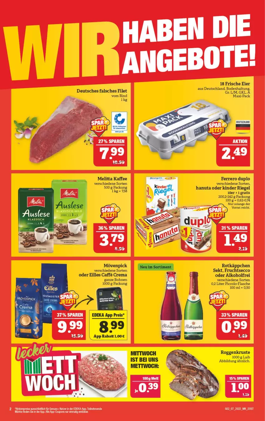 Aktueller Prospekt Marktkauf - Prospekt - von 13.02 bis 19.02.2022 - strona 2 - produkty: alkohol, bohne, bohnen, coupon, coupons, duplo, ecco, eier, Falsches Filet, ferrero, filet, flasche, frucht, fruchtsecco, hanuta, kaffee, Kinder, kinder riegel, melitta, Mett, mövenpick, nuss, riegel, rind, rotkäppchen, sekt, Ti