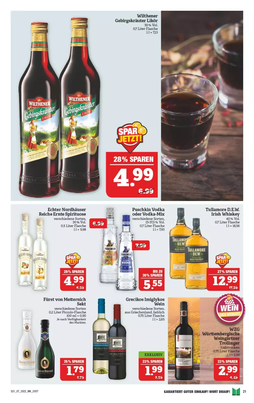 Aktueller Prospekt Marktkauf - Prospekt - von 13.02 bis 19.02.2022 - strona 21 - produkty: flasche, fürst von metternich, irish whiskey, kräuter, likör, Mett, metternich, puschkin vodka, sekt, Ti, trolli, trollinger, tullamore, vodka, wein, whiskey, wilthener