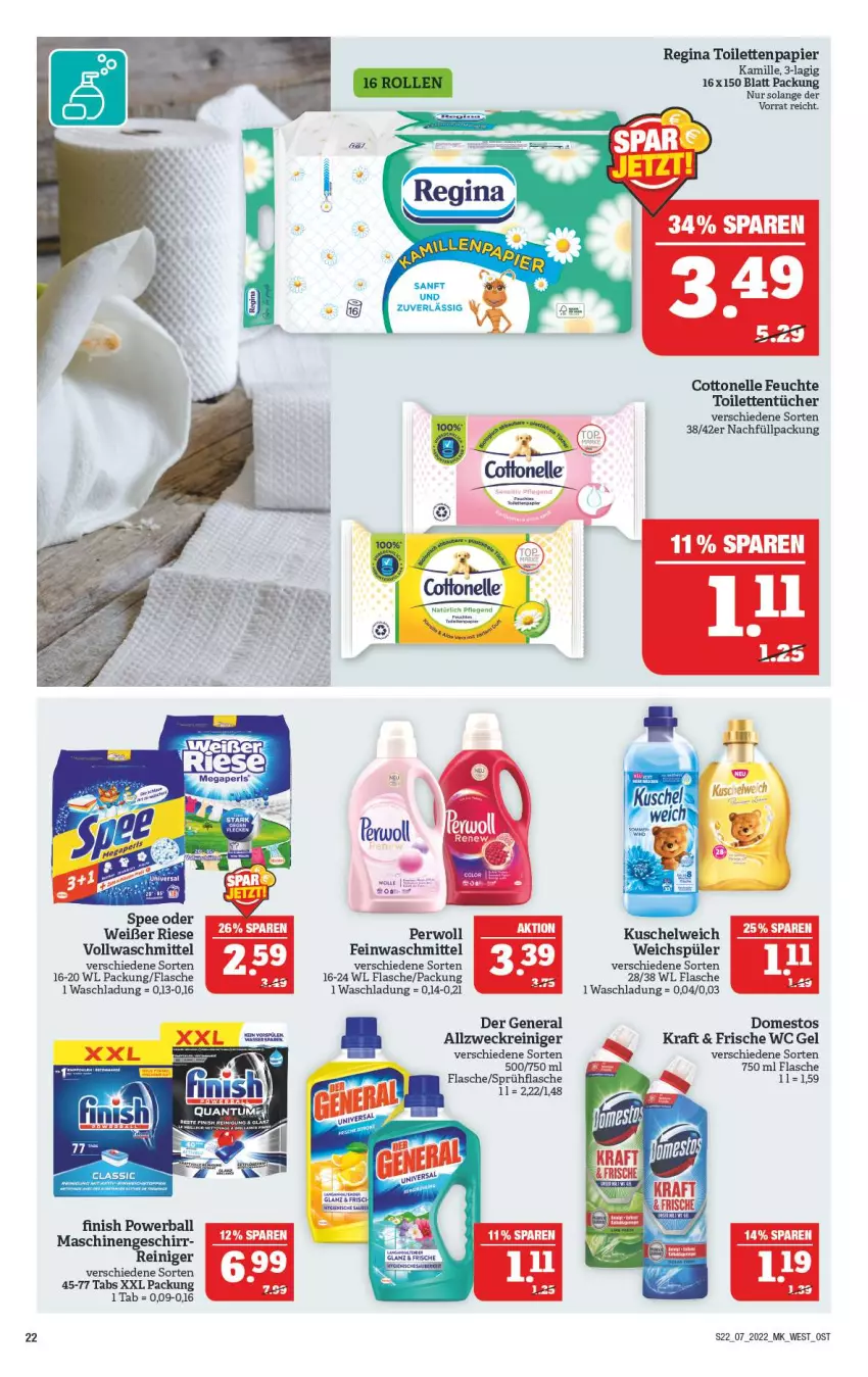 Aktueller Prospekt Marktkauf - Prospekt - von 13.02 bis 19.02.2022 - strona 22 - produkty: allzweckreiniger, ball, cottonelle, domestos, elle, feinwaschmittel, Finish, flasche, geschirr, gin, Kamill, kamille, kraft, Kuschelweich, papier, perwoll, powerball, reiniger, spee, sprühflasche, tee, toilettenpapier, toilettentücher, tücher, vollwaschmittel, waschmittel, weck, weichspüler