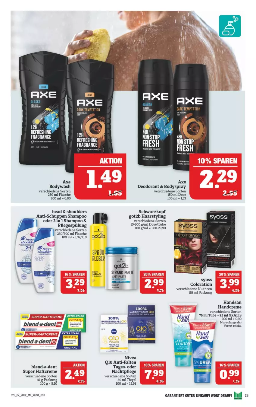 Aktueller Prospekt Marktkauf - Prospekt - von 13.02 bis 19.02.2022 - strona 23 - produkty: axe, body, bodyspray, creme, deo, deodorant, flasche, gin, got2b, handcreme, nachtpflege, nivea, Nuance, Pflegespülung, rel, schwarzkop, schwarzkopf, shampoo, spülung, syoss, tefal, Ti, tisch, Yo