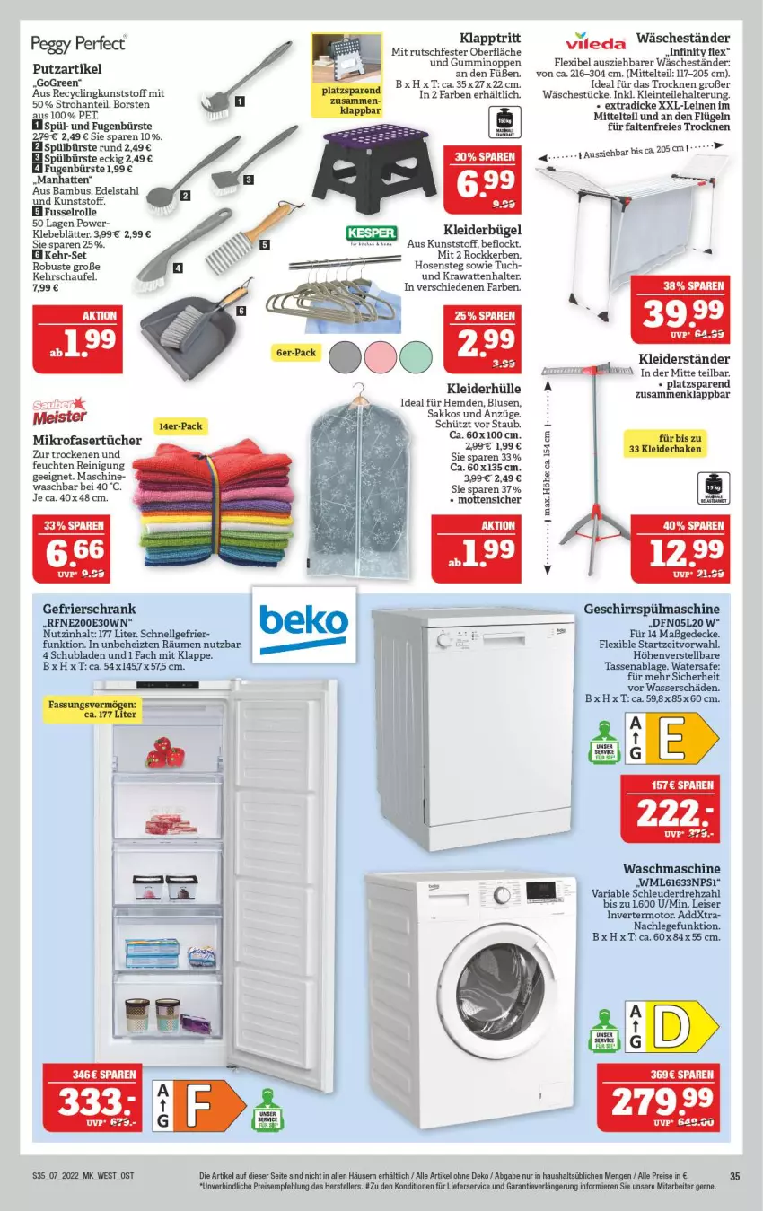 Aktueller Prospekt Marktkauf - Prospekt - von 13.02 bis 19.02.2022 - strona 35 - produkty: bambus, beko, bluse, bügel, bürste, Clin, decke, edelstahl, eis, elle, Fugenbürste, gefrierschrank, gefu, hemd, hemden, hose, hosen, klapptritt, kleid, kleider, kleiderbügel, Kleiderständer, leine, LG, lieferservice, Meister, mikrofaser, Mikrofasertücher, Reinigung, reis, Ria, Sakko, Schrank, schubladen, tasse, teller, Ti, tuc, tücher, vileda, waschmaschine, wasser, ZTE