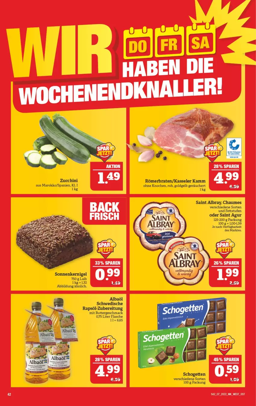 Aktueller Prospekt Marktkauf - Prospekt - von 13.02 bis 19.02.2022 - strona 42 - produkty: albray, braten, butter, chaumes, flasche, kasseler, mac, rapsöl, Saint Agur, saint albray, schogetten, zucchini