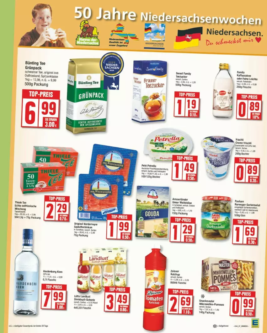 Aktueller Prospekt Edeka - Prospekte - von 28.10 bis 02.11.2024 - strona 7 - produkty: ammerländer, Bau, braun, bünting tee, direktsaft, elle, fisch, flasche, gin, gurke, gurken, gurkensalat, Käse, korn, merl, mikrowelle, petrella, pommes, rel, rwe, sac, saft, sahne, salat, schwarzer tee, snack, Sweet Family, tee, Ti, zucker