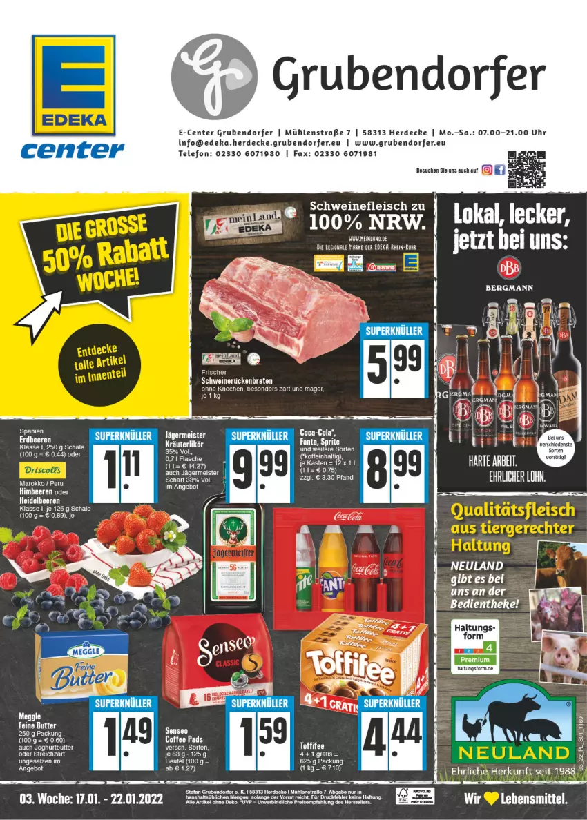 Aktueller Prospekt E Center - Angebote der Woche - von 17.01 bis 22.01.2022 - strona 1 - produkty: angebot, beere, beeren, beutel, braten, butter, coca-cola, cola, decke, deka, eis, ente, erde, fleisch, Germ, himbeer, himbeere, himbeeren, jägermeister, joghur, joghurt, lebensmittel, meggle, Meister, Rückenbraten, salz, Schal, Schale, schwein, schweine, schweinefleisch, schweinerücken, Streichzart, telefon, Ti, uhr, wein, weine