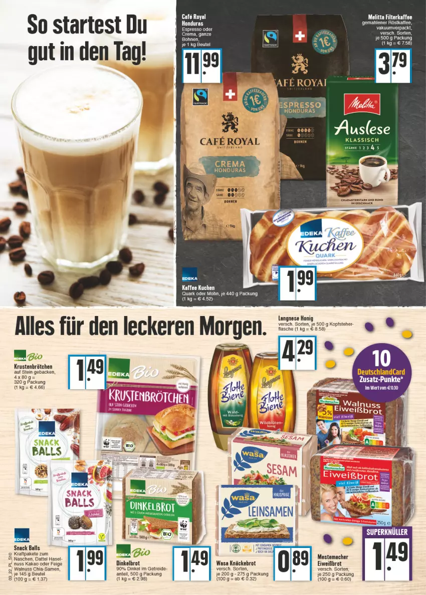 Aktueller Prospekt E Center - Angebote der Woche - von 17.01 bis 22.01.2022 - strona 10 - produkty: ball, beutel, bohne, bohnen, brot, brötchen, chia, deka, deutschlandcard, Dinkelbrot, eis, Eiweißbrot, espresso, espresso oder, filterkaffee, flasche, geback, honig, kaffee, kakao, kraft, kuchen, langnese, mac, melitta, mestemacher, nuss, quark, röstkaffee, snack, walnuss, wasa