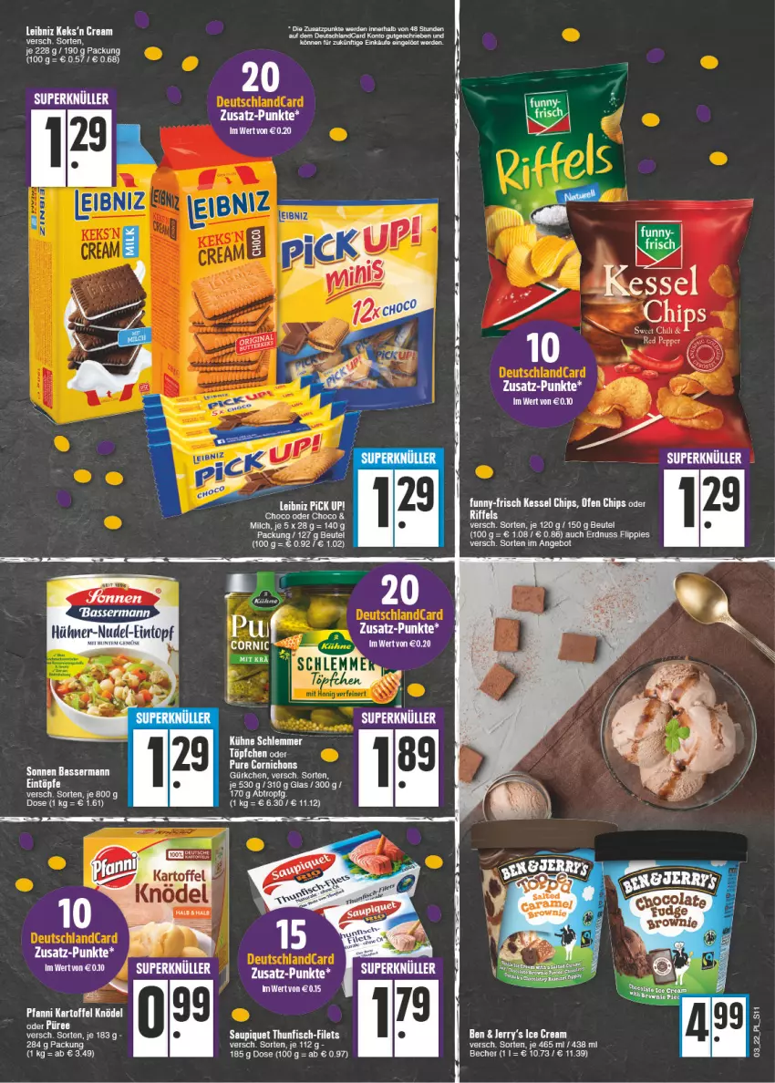 Aktueller Prospekt E Center - Angebote der Woche - von 17.01 bis 22.01.2022 - strona 11 - produkty: angebot, Becher, beutel, chips, deutschlandcard, eintöpfe, erdnuss, filet, filets, fisch, flippies, funny-frisch, kartoffel, Knödel, milch, nuss, Ofen, Pick Up!, saupiquet, tee, thunfisch, Töpfchen