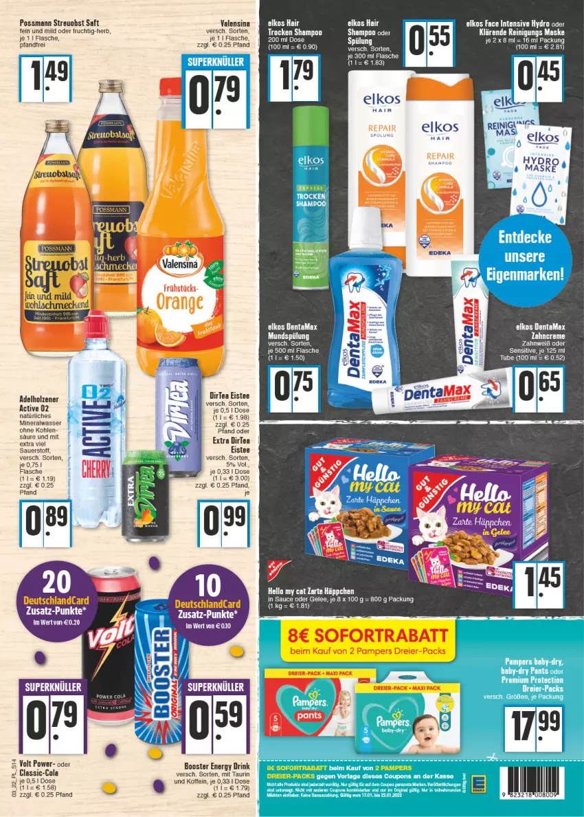 Aktueller Prospekt E Center - Angebote der Woche - von 17.01 bis 22.01.2022 - strona 14 - produkty: adelholzener, Alwa, auer, cola, creme, deutschlandcard, drink, eier, eis, eistee, elkos, energy drink, flasche, gelee, gin, Holz, Manta, mineralwasser, mundspülung, obst, pampers, saft, sauce, shampoo, sofortrabatt, spülung, tee, Ti, valensina, wasser, zahncreme