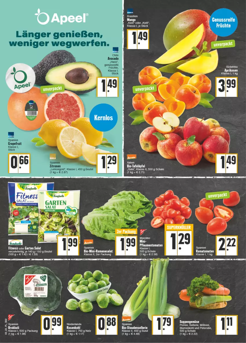 Aktueller Prospekt E Center - Angebote der Woche - von 17.01 bis 22.01.2022 - strona 2 - produkty: aprikose, aprikosen, avocado, beutel, bio, elle, früchte, grapefruit, mango, nuss, pflaume, pflaumen, Romanasalat, Romatomaten, rosen, Rosenkohl, salat, Schal, Schale, stauden, suppe, suppen, tafeläpfel, Ti, tomate, tomaten, zitrone, zitronen