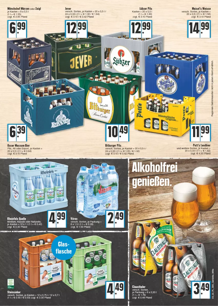 Aktueller Prospekt E Center - Angebote der Woche - von 17.01 bis 22.01.2022 - strona 9 - produkty: aust, bier, bitburger, bitburger pils, burger, clausthaler, eis, elle, getränk, getränke, jever, Lübzer, mais, mönchshof, natur, pils, rel, rheinfels quelle, Steinsieker