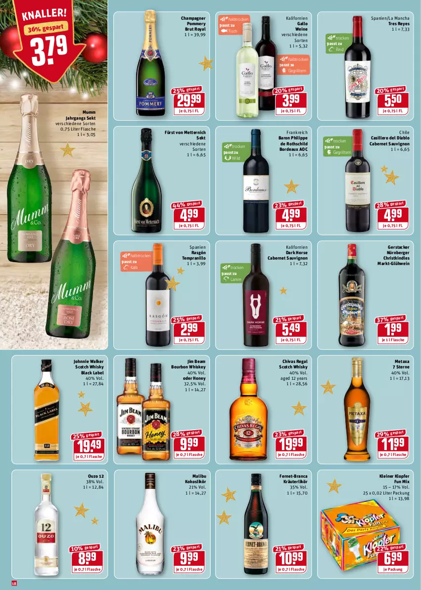 Aktueller Prospekt Rewe - Prospekte - von 20.12 bis 26.12.2021 - strona 18 - produkty: Berger, black label, bourbon, bourbon whiskey, brut, cabernet, cabernet sauvignon, champagne, champagner, Fernet, fisch, flasche, fürst von metternich, gallo, Glühwein, grill, jim beam, johnnie walker, Kindle, kleiner klopfer, kokos, kräuter, kräuterlikör, lack, lamm, leine, likör, Malibu, Metaxa, Mett, metternich, mumm, nürnberger, ouzo, ouzo 12, regal, rind, sauvignon, scotch, scotch whisky, sekt, tempranillo, wein, weine, whiskey, whisky, Wild