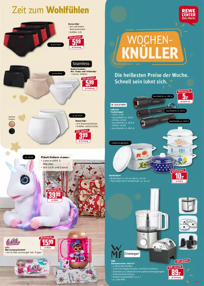 Aktueller Prospekt Rewe - Prospekte - von 20.12 bis 26.12.2021 - strona 27 - produkty: aktionspreis, asti, Behälter, braten, Bratentopf, Damen-Slip, edelstahl, eis, fleisch, Fleischtopf, küche, Küchen, küchenmaschine, Lampe, maille, panty, Plüsch, Puppe, reis, slip, spülmaschinen, Taillenslip, Tasche, taschen, taschenlampe, Ti, topf, WMF