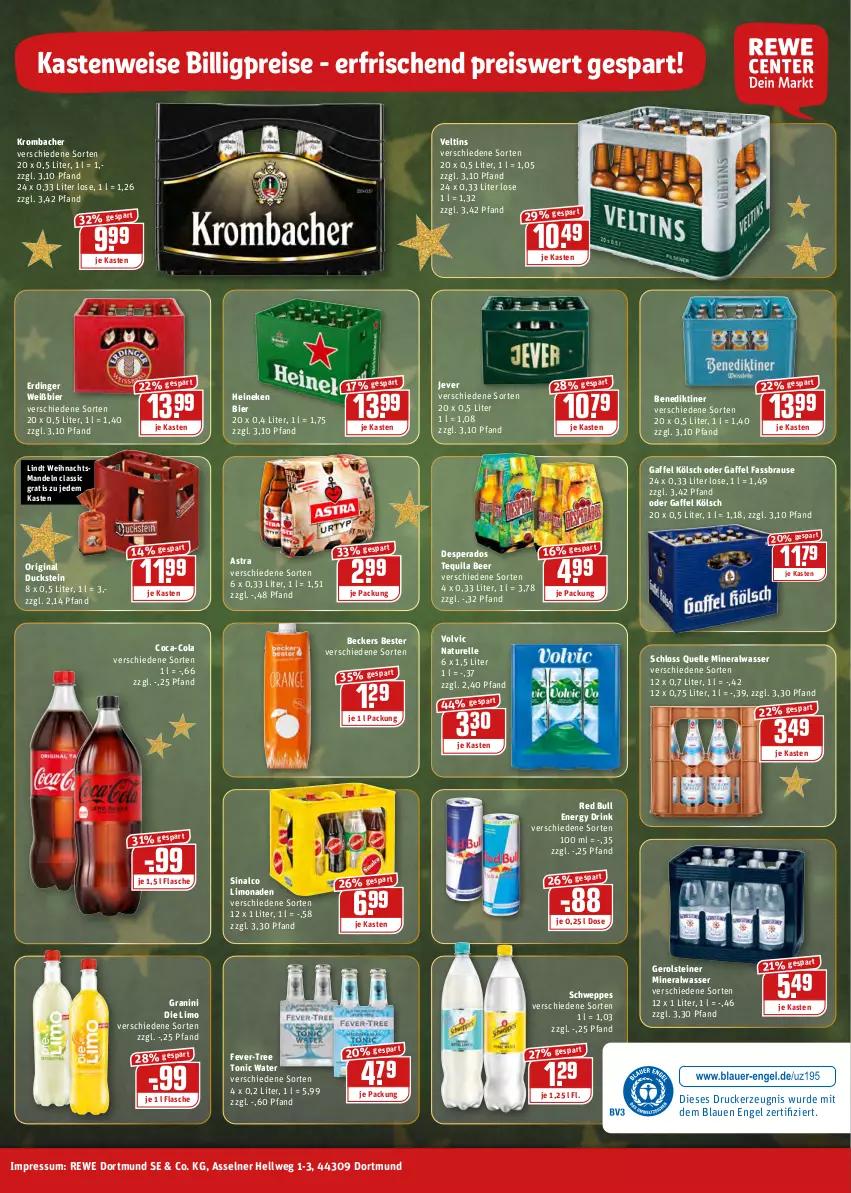 Aktueller Prospekt Rewe - Prospekte - von 20.12 bis 26.12.2021 - strona 28 - produkty: Alwa, Astra, Beckers Bester, Benediktiner, bier, brause, coca-cola, cola, desperados, drink, drucker, Duck, eis, elle, energy drink, Engel, erdinger, fassbrause, fever-tree, flasche, gerolsteine, gerolsteiner, gin, granini, granini die limo, heineken, jever, kerze, krombache, krombacher, limo, limonade, limonaden, lindt, mandel, mandeln, mineralwasser, natur, red bull, reis, rel, schweppes, sinalco, steiner, tequila, Ti, tonic, tonic water, veltins, volvic, wasser