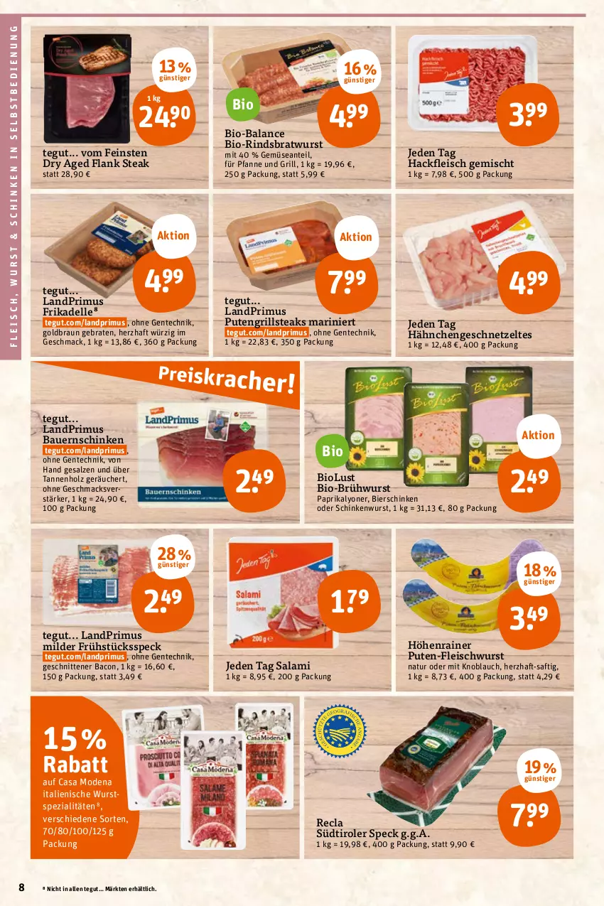 Aktueller Prospekt Tegut - Angebote der Woche - von 24.04 bis 29.04.2023 - strona 10 - produkty: auer, bacon, Bau, Bauer, Bauernschinken, bier, bierschinken, bio, braten, bratwurst, braun, Brühwurst, Casa Modena, dell, eis, elle, ente, fleisch, fleischwurst, Frühstücksspeck, geschnetzeltes, grill, hackfleisch, hackfleisch gemischt, Hähnchengeschnetzeltes, Holz, knoblauch, landprimus, lyoner, mac, mit knoblauch, Mode, natur, paprika, pfanne, pute, rind, saft, salami, salz, schinken, schinkenwurst, schnitten, Speck, Spezi, steak, steaks, südtiroler, Ti, wurst, Yo, Zelt