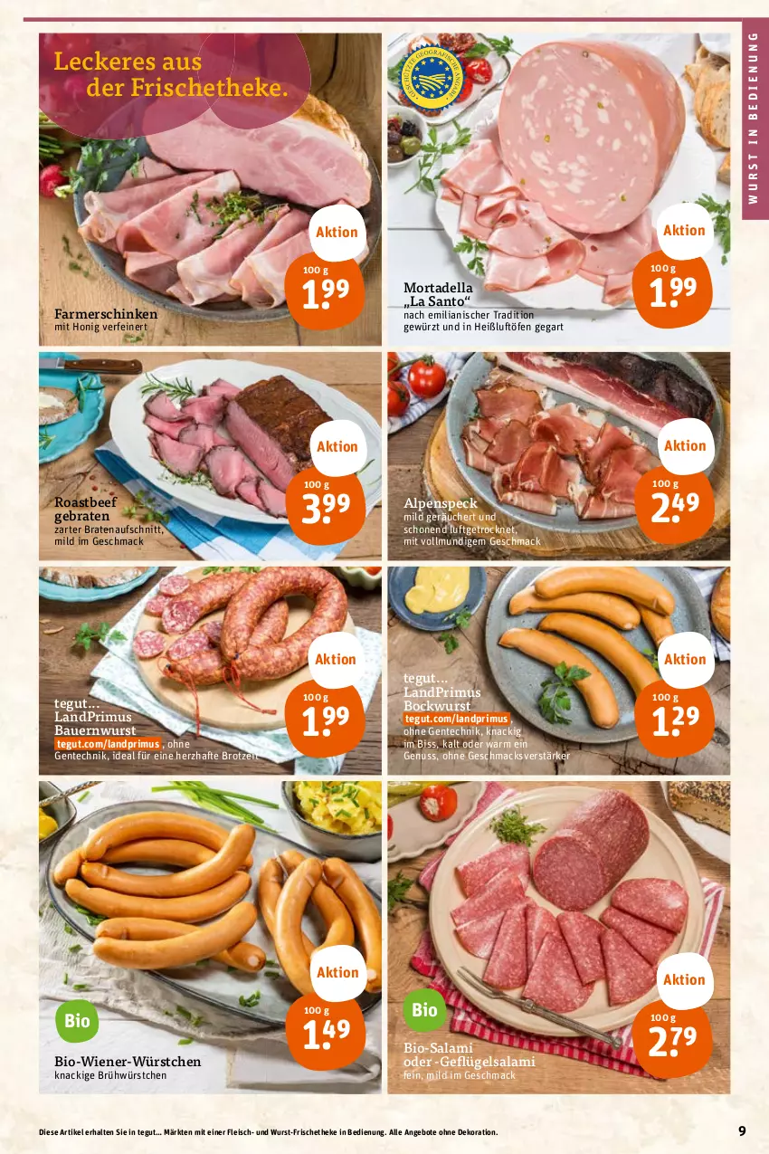 Aktueller Prospekt Tegut - Angebote der Woche - von 24.04 bis 29.04.2023 - strona 11 - produkty: angebot, angebote, auer, aufschnitt, Bau, Bauer, beef, bio, Bio-Salami, bockwurst, braten, bratenaufschnitt, brot, dekoration, dell, eis, ente, farmerschinken, fleisch, Geflügel, gewürz, honig, landprimus, mac, mortadella, nuss, roastbeef, salami, schinken, Speck, Ti, wiener, wurst, würstchen