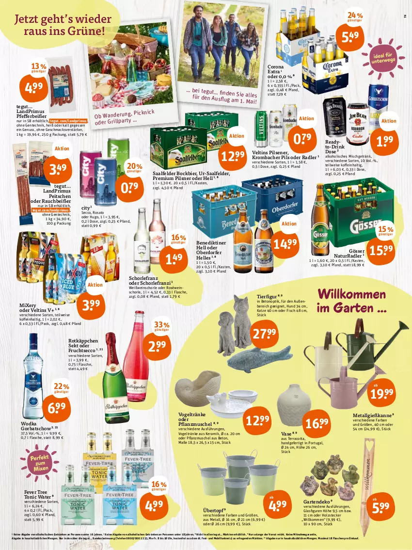 Aktueller Prospekt Tegut - Angebote der Woche - von 24.04 bis 29.04.2023 - strona 2 - produkty: alkohol, Benediktiner, bier, corona, corona extra, drink, Drink Dose, ecco, eis, elle, ente, fisch, flasche, frucht, fruchtsecco, Garten, getränk, getränke, Gießkanne, Gorbatschow, gösser, grill, Holz, hugo, krombache, krombacher, krombacher pils, landprimus, LG, mac, Mixer, mixery, natur, nuss, oder radler, pfeffer, Pfefferbeißer, pils, pilsener, pilsner, premium pils, radler, Rauch, rosato, roséwein, rotkäppchen, Saalfelder, schorle, sekt, telefon, Ti, tonic, tonic water, topf, übertopf, uhr, Vase, veltins, veltins pilsener, wein, weinschorle, Weißwein, wodka