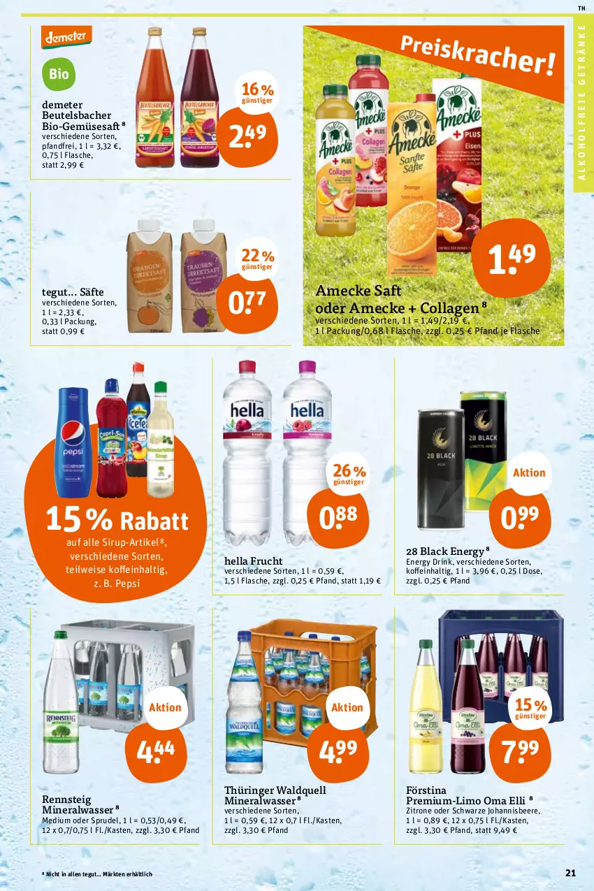 Aktueller Prospekt Tegut - Angebote der Woche - von 24.04 bis 29.04.2023 - strona 23 - produkty: alkohol, alkoholfreie getränke, Alwa, amecke, beere, beutel, bio, Bio-Gemüse, Collagen, drink, eis, energy drink, flasche, frucht, getränk, getränke, hella, johannisbeere, lack, limo, mineralwasser, pepsi, ring, saft, säfte, sirup, Sprudel, Ti, wasser, zitrone