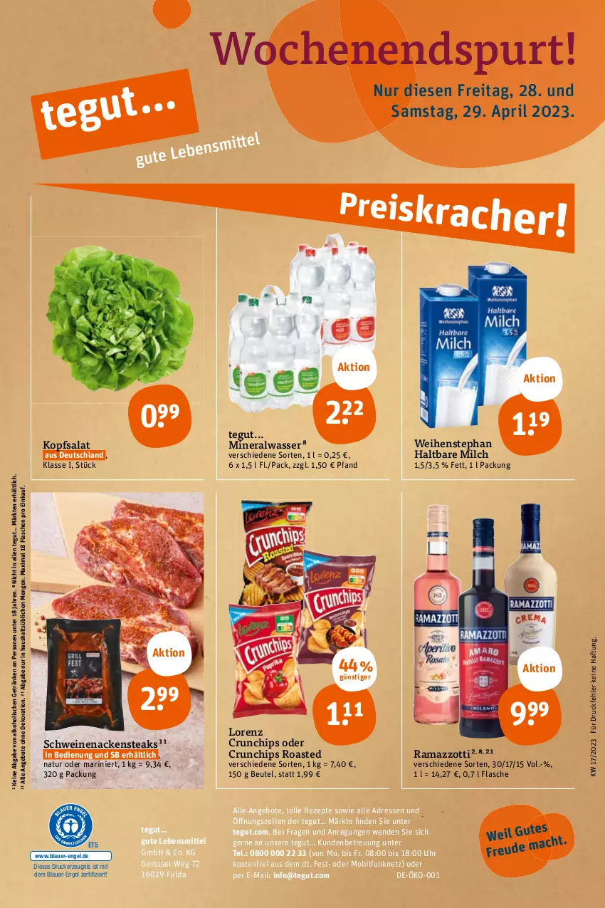 Aktueller Prospekt Tegut - Angebote der Woche - von 24.04 bis 29.04.2023 - strona 26 - produkty: alkohol, Alwa, angebot, angebote, auer, beutel, chips, crunchips, dekoration, drucker, Engel, flasche, Fulda, getränk, getränke, haltbare milch, kerze, kopfsalat, lebensmittel, lorenz, lorenz crunchips, milch, mineralwasser, Nackensteak, nackensteaks, natur, pril, rama, ramazzott, ramazzotti, rezept, rezepte, salat, schwein, schweine, schweinenacken, steak, steaks, Ti, uhr, wasser, weihenstephan, wein, weine, zott