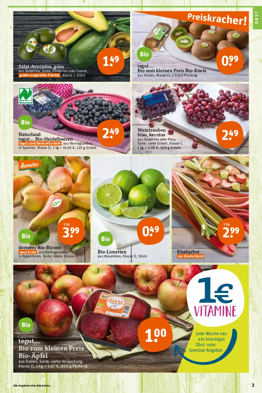 Aktueller Prospekt Tegut - Angebote der Woche - von 24.04 bis 29.04.2023 - strona 5 - produkty: angebot, angebote, avocado, avocados, Bau, beere, beeren, bio, Birnen, dekoration, eis, früchte, heidelbeere, heidelbeeren, kiwi, leine, limette, limetten, Mett, metten, natur, naturland, obst, reis, rhabarber, salat, Schal, Schale, Ti, trauben, wein