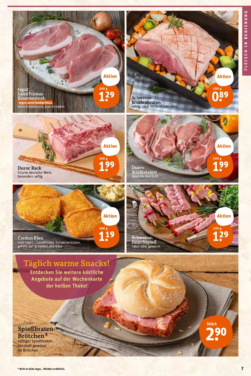 Aktueller Prospekt Tegut - Angebote der Woche - von 24.04 bis 29.04.2023 - strona 9 - produkty: angebot, angebote, braten, brötchen, cordon bleu, decke, eis, ente, fleisch, gewürz, grill, ideal für grill, Käse, kotelett, krustenbraten, landprimus, natur, Ofen, saft, schinken, schwein, schweine, schweinefleisch, schweinerücken, snack, snacks, steak, Ti, wein, weine