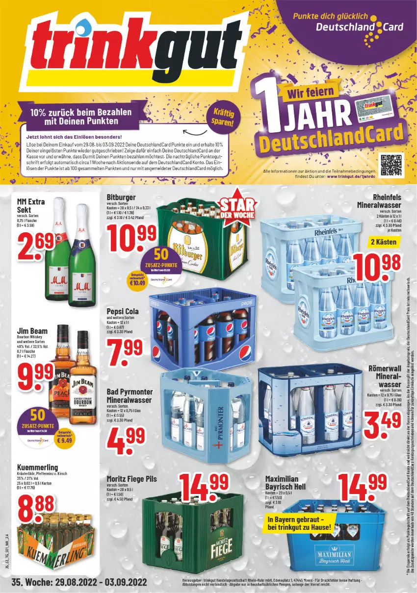 Aktueller Prospekt Trinkgut - von 29.08 bis 03.09.2022 - strona 1 - produkty: Alwa, angebot, angebotspreis, auto, Bad, bitburger, bourbon, bourbon whiskey, burger, cola, deka, deutschlandcard, eis, erde, flasche, jim beam, kirsch, kräuter, kräuterlikör, kuemmerling, LG, likör, merl, mineralwasser, mm extra, monte, pepsi, Pepsi Cola, pfeffer, pils, reis, sekt, tee, Ti, tisch, uhr, wasser, whiskey