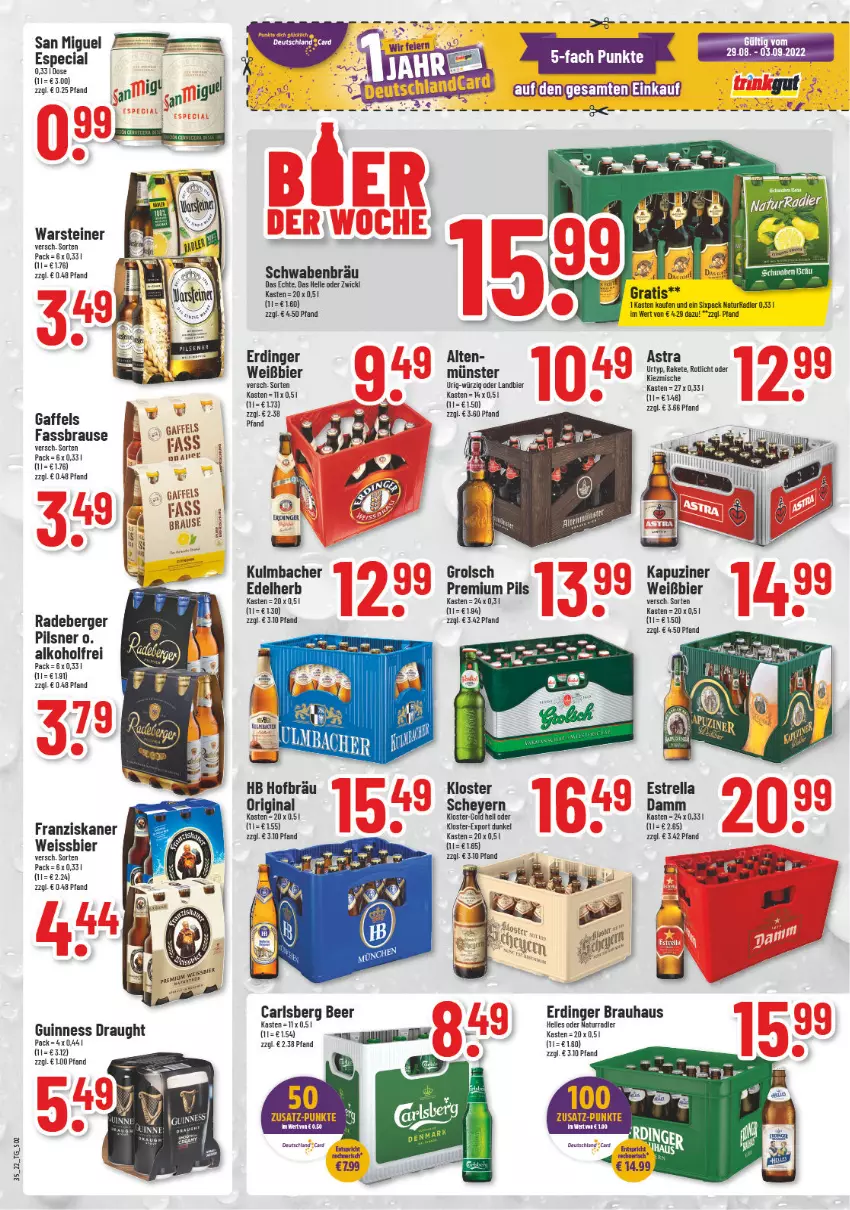 Aktueller Prospekt Trinkgut - von 29.08 bis 03.09.2022 - strona 2 - produkty: alkohol, Astra, Berger, bier, brause, carlsberg, carlsberg beer, eis, elle, erdinger, Estrella Damm, fassbrause, franziskaner, gin, Guinness, natur, pils, pilsner, premium pils, radeberger, radeberger pilsner, radler, reis, rel, steiner, urtyp, warsteiner, weissbier, WICK