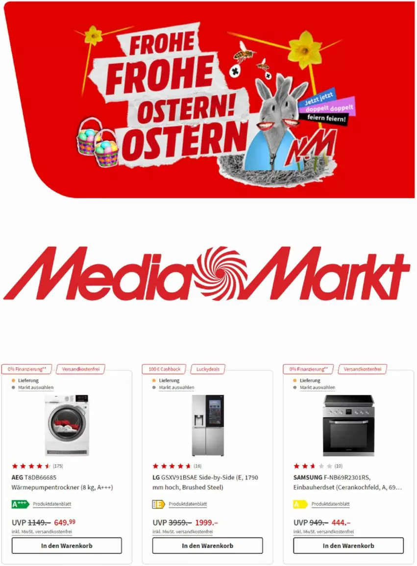 Aktueller Prospekt Media Markt - Prospekte - von 14.04 bis 20.04.2022 - strona 1 - produkty: aeg, Bau, einbauherd, einbauherdset, herdset, kochfeld, korb, LG, ndk, Samsung, tee, Trockner, wärmepumpentrockner