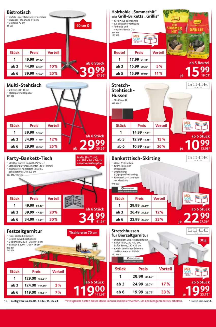 Aktueller Prospekt Selgros - von 02.05 bis 15.05.2024 - strona 10 - produkty: Bank, beutel, bier, Bierzeltgarnitur, Bistrotisch, briketts, buch, eis, erde, garnitur, grill, Holz, holzkohle, HP, Klammern, lack, lamm, latte, reis, rwe, Sitzhöhe, Ti, tisch, tischplatte, tuc, Zelt