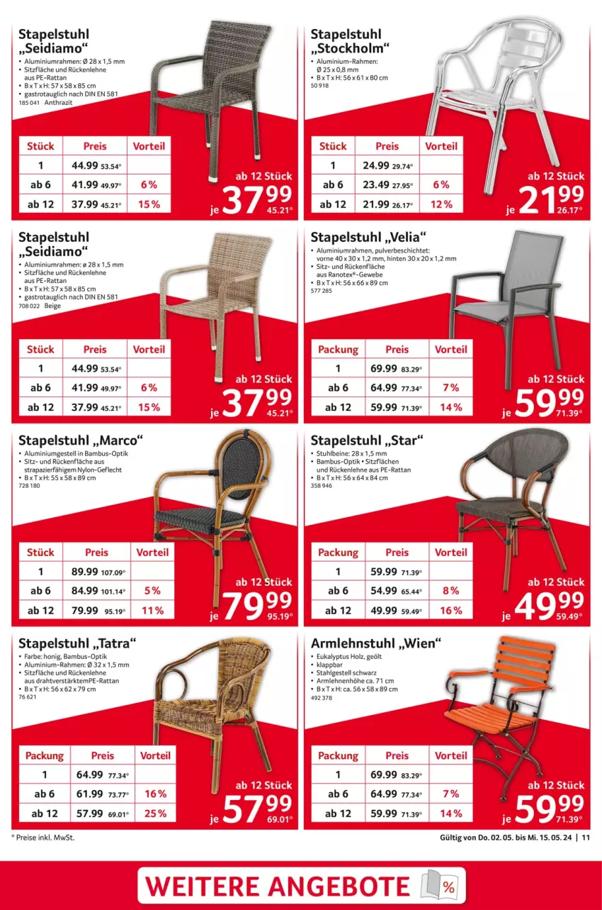 Aktueller Prospekt Selgros - von 02.05 bis 15.05.2024 - strona 11 - produkty: aluminiumgestell, armlehnen, armlehnstuhl, bambus, Draht, eis, Holz, honig, LG, reis, rückenlehne, stapelstuhl, stuhl, Ti