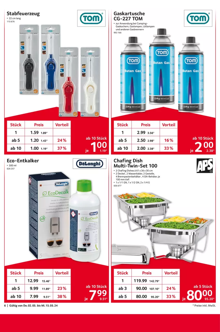 Aktueller Prospekt Selgros - von 02.05 bis 15.05.2024 - strona 6 - produkty: Behälter, Brennpaste, decke, Deckel, delonghi, eis, elle, entkalker, Feuerzeug, Kocher, Lampe, reis, tee, Ti, wasser