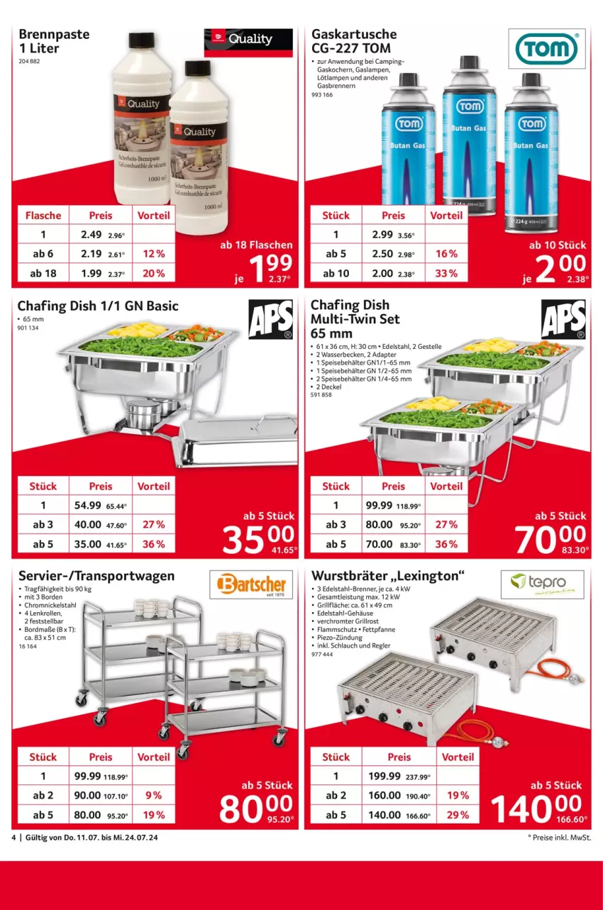 Aktueller Prospekt Selgros - Staffelpreise - von 11.07 bis 24.07.2024 - strona 4 - produkty: adapter, Behälter, decke, Deckel, edelstahl, eis, elle, grill, grillfläche, grillrost, Kocher, lamm, Lampe, pfanne, piezo-zündung, reis, schlauch, Speisebehälter, Sport, Ti, Transportwagen, wasser, wurst